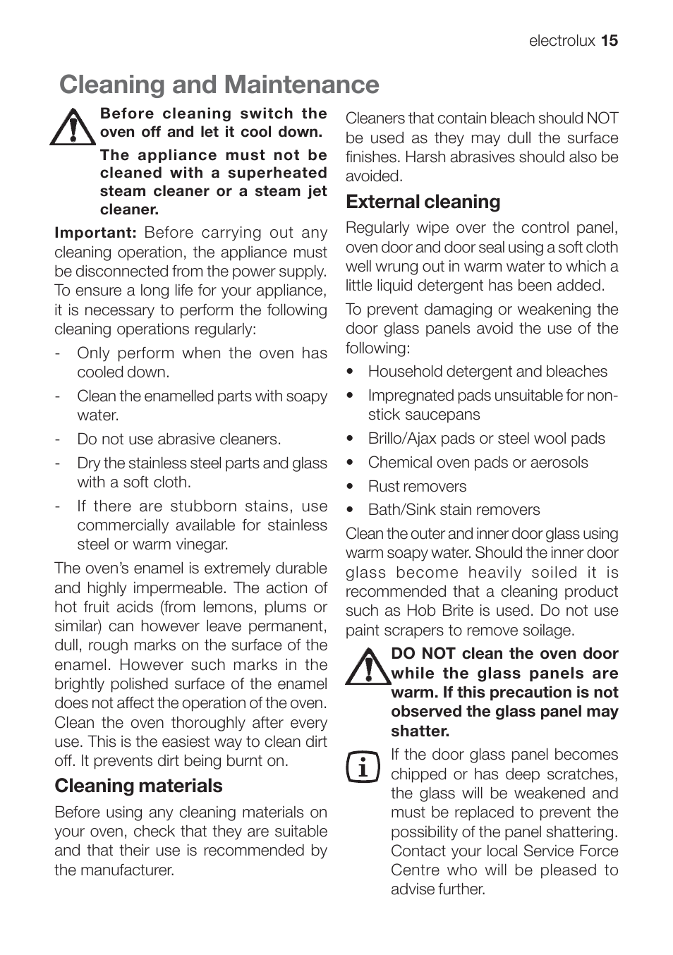 Cleaning and maintenance, Cleaning materials, External cleaning | Electrolux EOG 10000 User Manual | Page 15 / 36