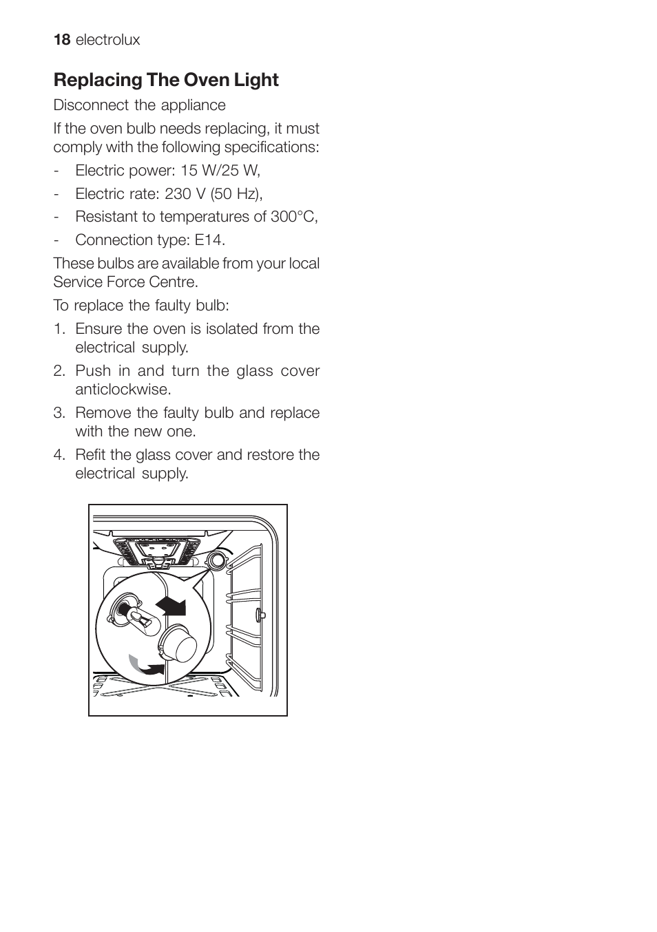 Replacing the oven light | Electrolux EOG 10000 User Manual | Page 18 / 36
