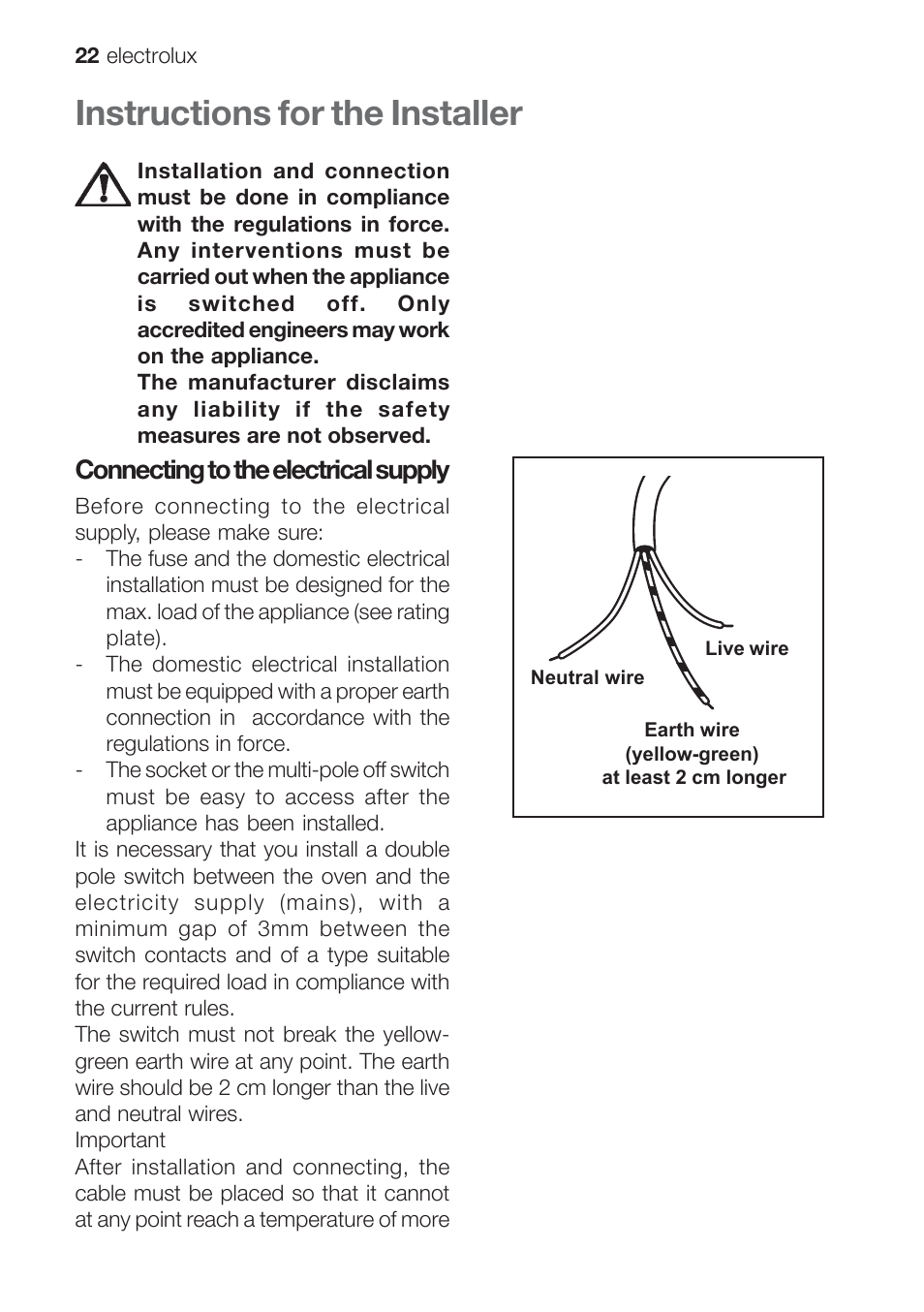Instructions for the installer, Connecting to the electrical supply | Electrolux EOG 10000 User Manual | Page 22 / 36