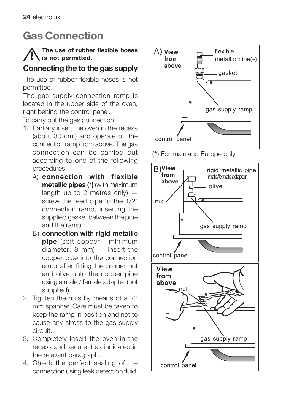 Gas connection, Connecting the to the gas supply, A) b) | Electrolux EOG 10000 User Manual | Page 24 / 36