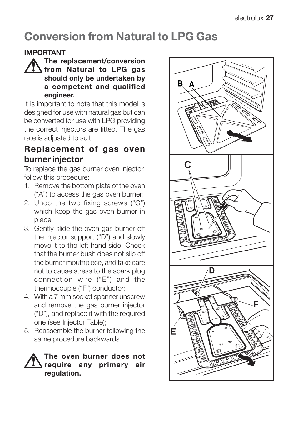 Conversion from natural to lpg gas, Replacement of gas oven burner injector | Electrolux EOG 10000 User Manual | Page 27 / 36