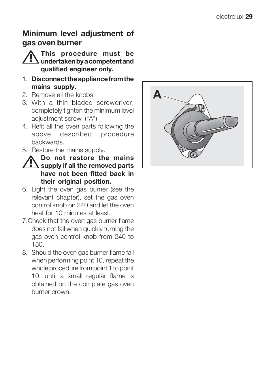 Minimum level adjustment of gas oven burner | Electrolux EOG 10000 User Manual | Page 29 / 36