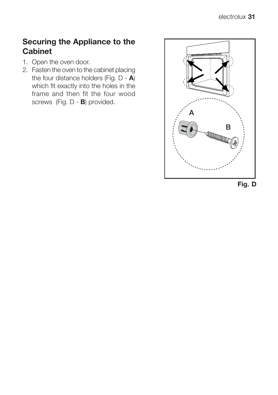 Securing the appliance to the cabinet | Electrolux EOG 10000 User Manual | Page 31 / 36