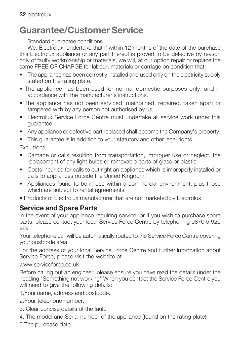 Guarantee/customer service, Service and spare parts | Electrolux EOG 10000 User Manual | Page 32 / 36