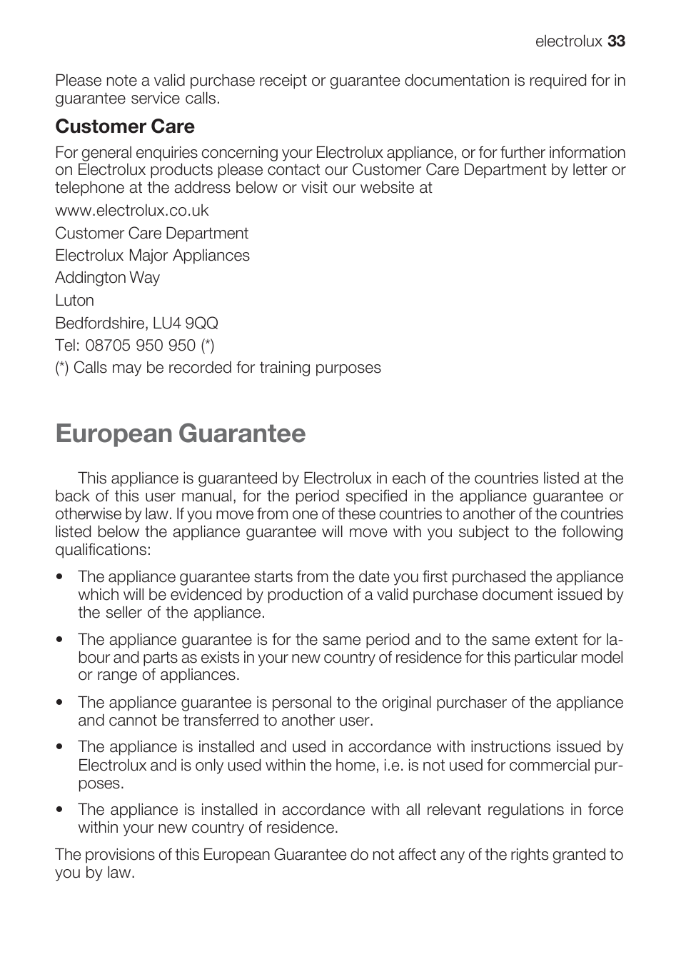 European guarantee, Customer care | Electrolux EOG 10000 User Manual | Page 33 / 36