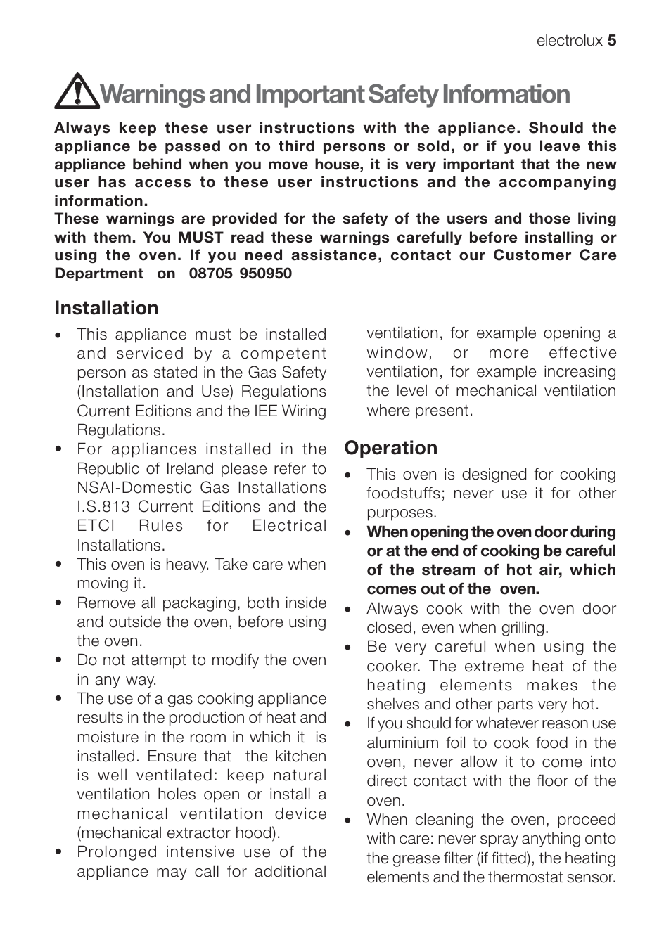 Warnings and important safety information, Installation, Operation | Electrolux EOG 10000 User Manual | Page 5 / 36