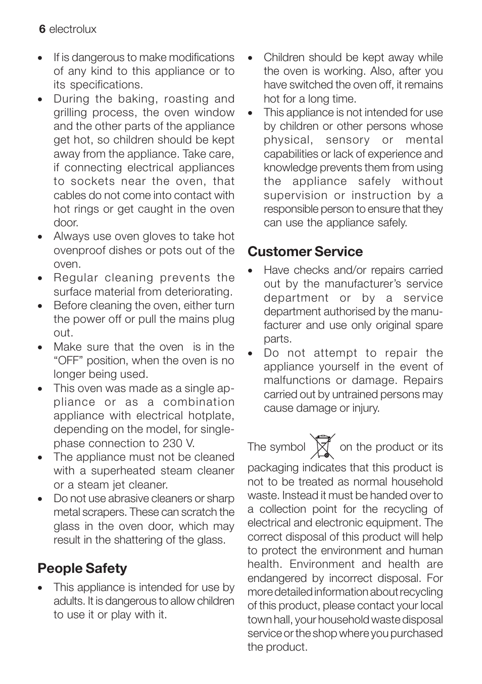 People safety, Customer service | Electrolux EOG 10000 User Manual | Page 6 / 36