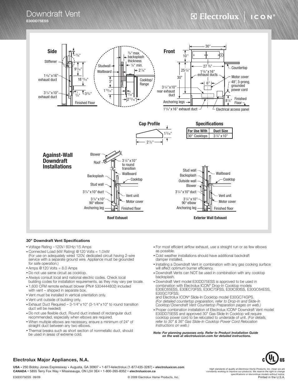 Downdraft vent, Against-wall downdraft installations, Front | Side, Specifications, Cap profile, Electrolux major appliances, n.a | Electrolux ICON E30DD75ESS User Manual | Page 2 / 4