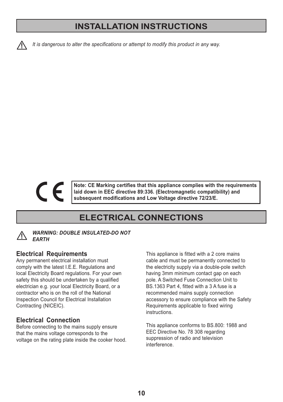 Installation instructions, Electrical connections, Electrical requirements | Electrical connection | Electrolux MCH 660 User Manual | Page 10 / 16