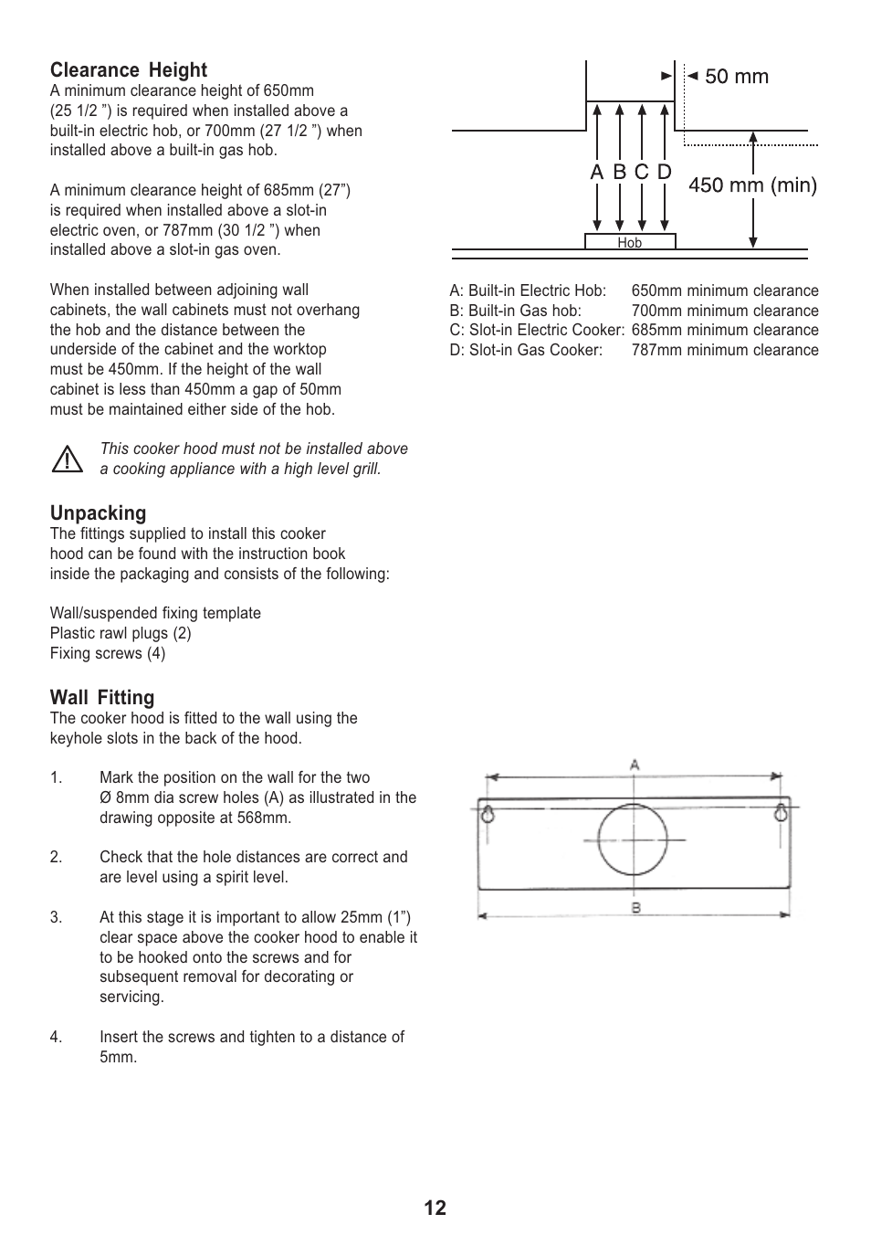 Clearance height, Unpacking, Wall fitting | Electrolux MCH 660 User Manual | Page 12 / 16