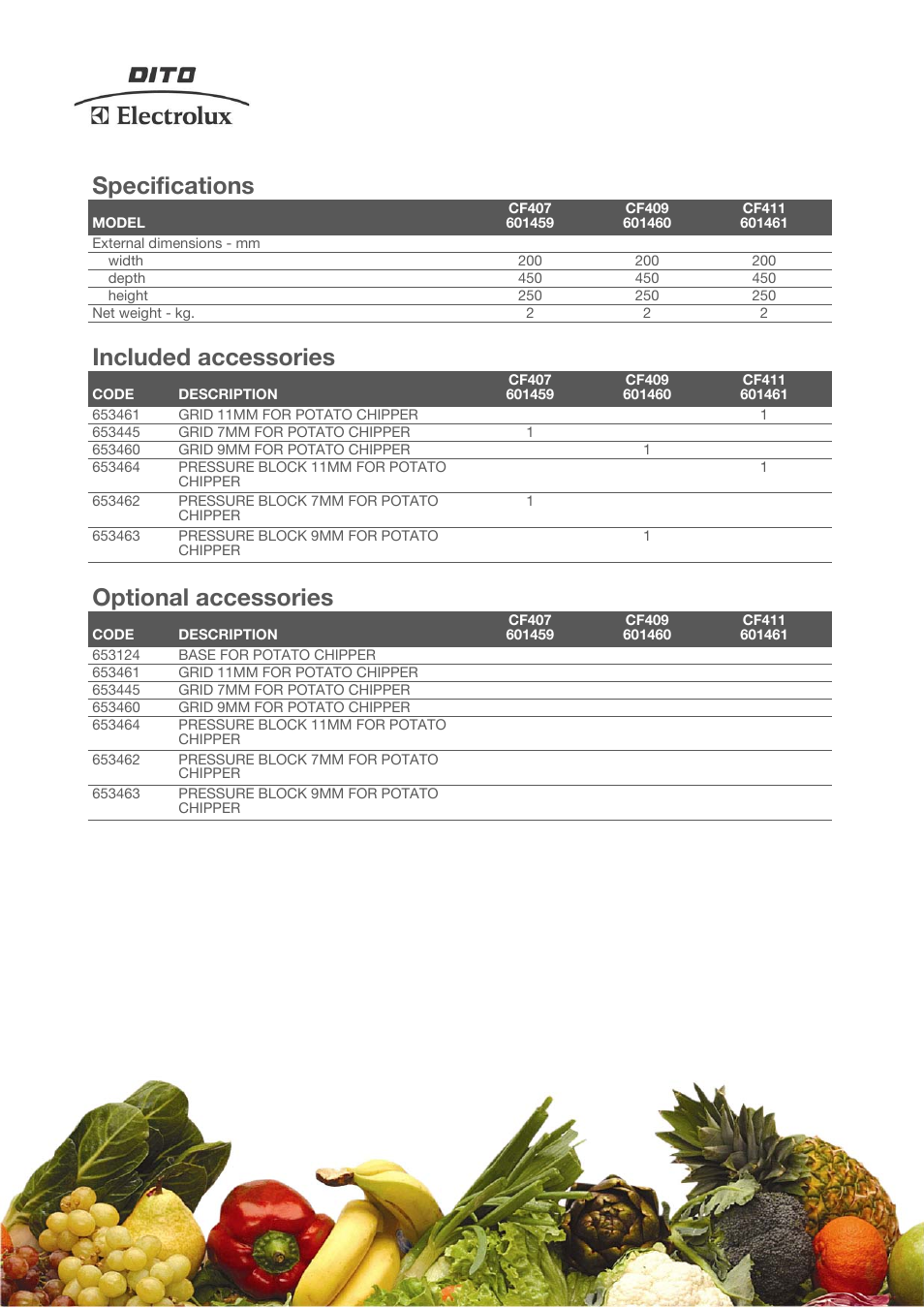 Specifications, Included accessories, Optional accessories | Electrolux Dito CF407 User Manual | Page 2 / 3