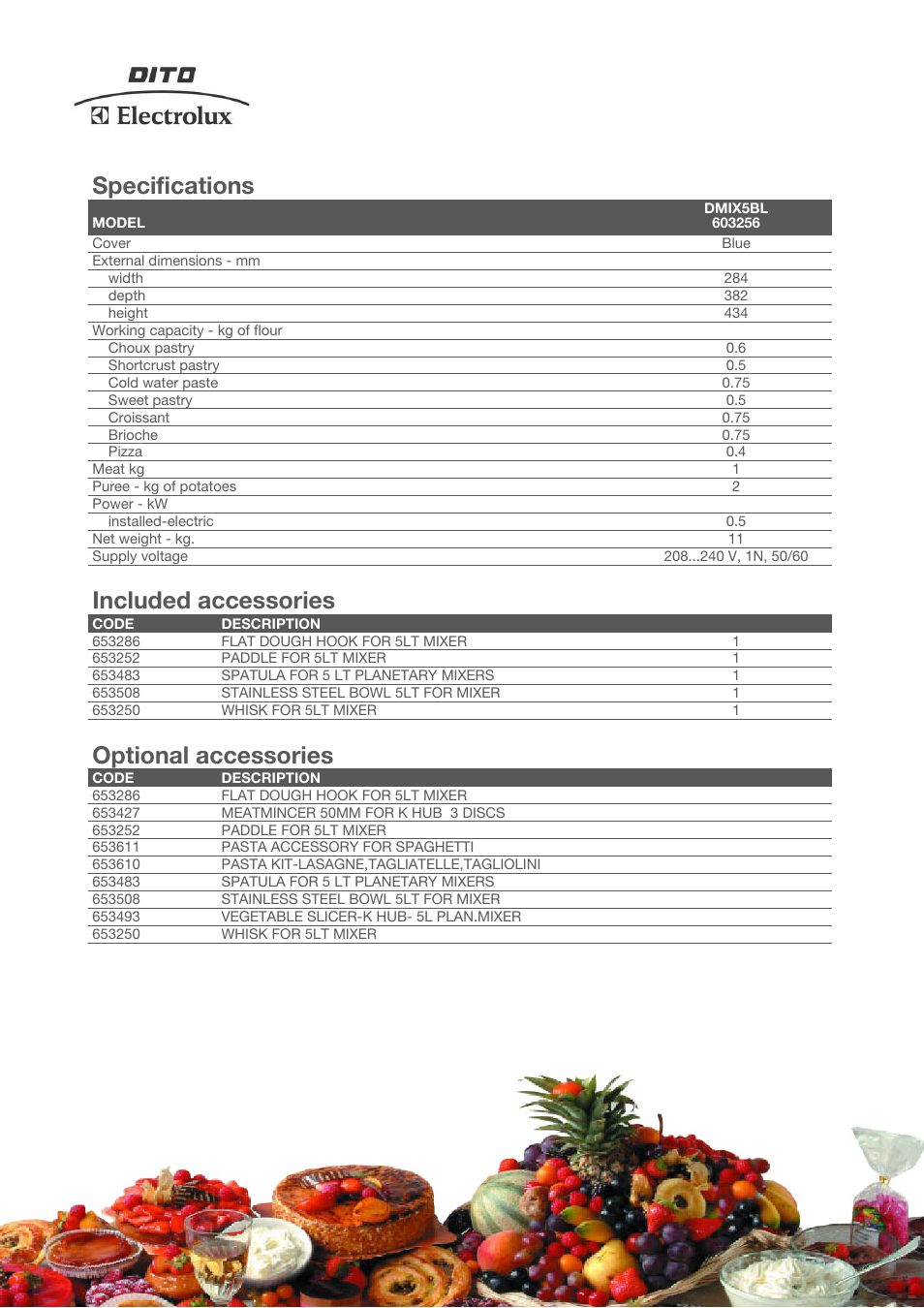 Specifications, Included accessories, Optional accessories | Electrolux Dito DMIX5BL User Manual | Page 2 / 4