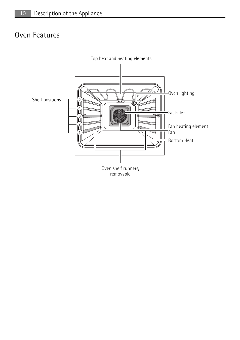 Oven features, Description of the appliance 10 | Electrolux 41056VH User Manual | Page 10 / 60