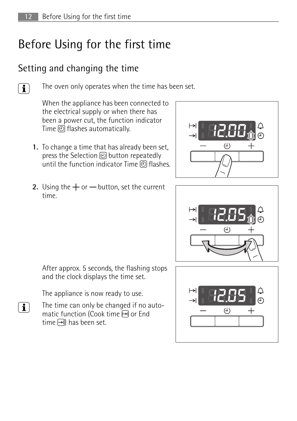 Before using for the first time, Setting and changing the time | Electrolux 41056VH User Manual | Page 12 / 60