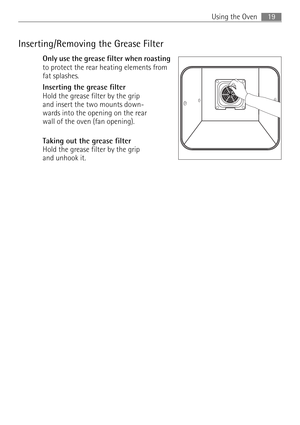 Inserting/removing the grease filter | Electrolux 41056VH User Manual | Page 19 / 60