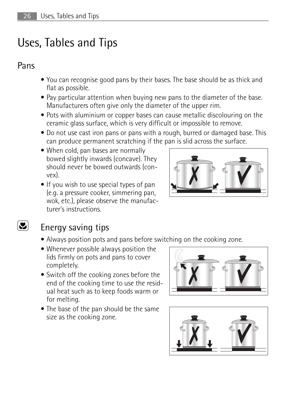 Uses, tables and tips, Pans, Energy saving tips | Electrolux 41056VH User Manual | Page 26 / 60