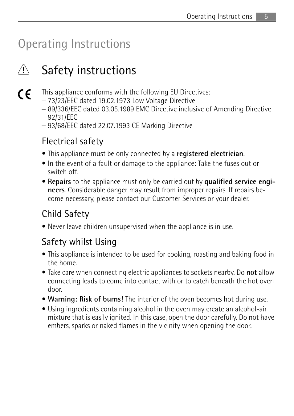 Operating instructions 1 safety instructions 5, Electrical safety, Child safety | Safety whilst using | Electrolux 41056VH User Manual | Page 5 / 60