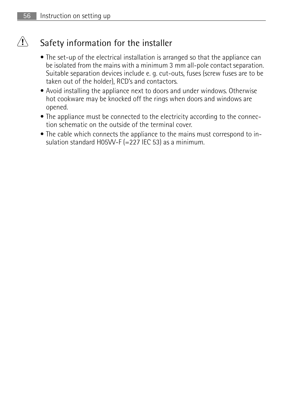 Safety information for the installer | Electrolux 41056VH User Manual | Page 56 / 60