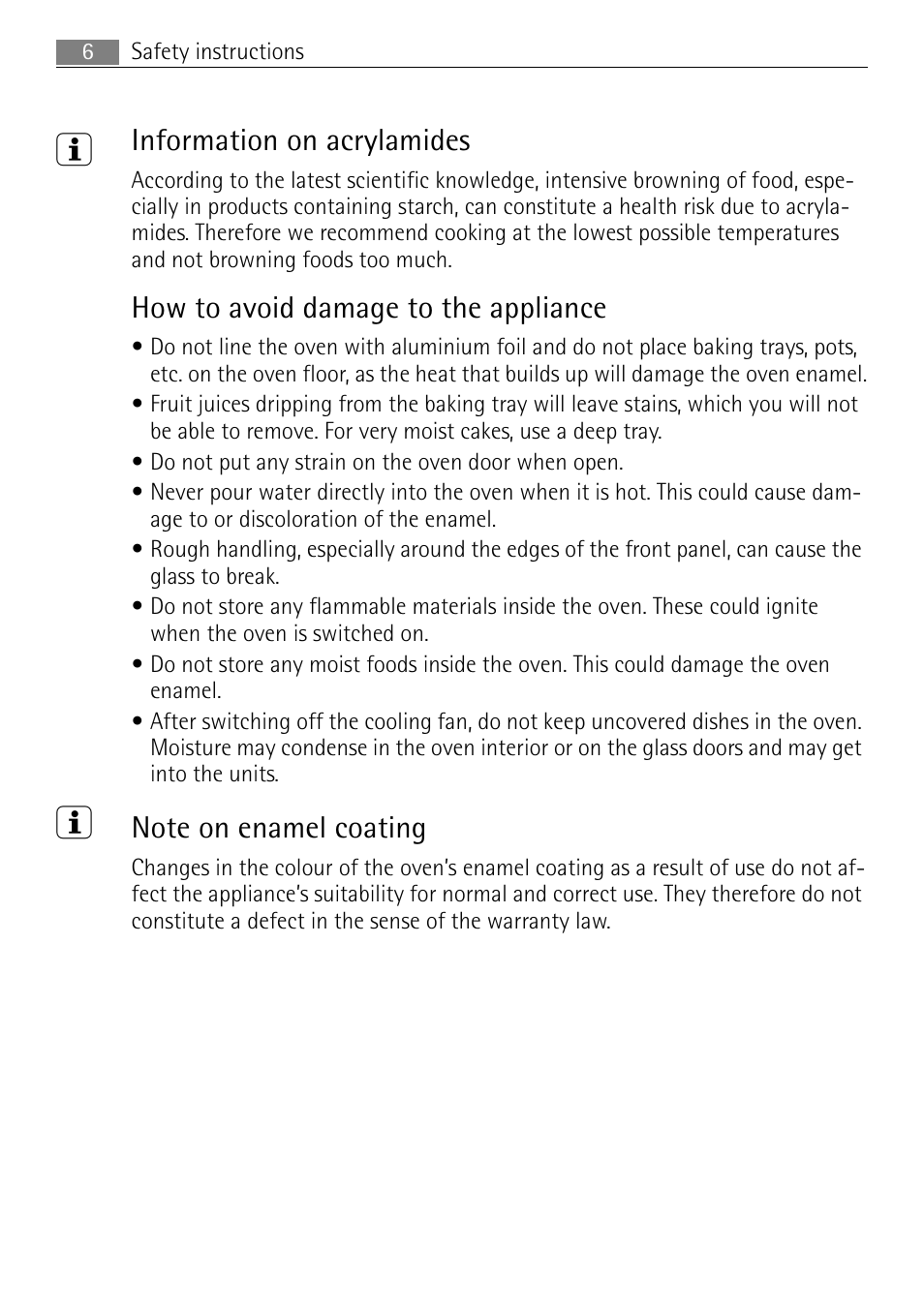 Information on acrylamides, How to avoid damage to the appliance | Electrolux 41056VH User Manual | Page 6 / 60