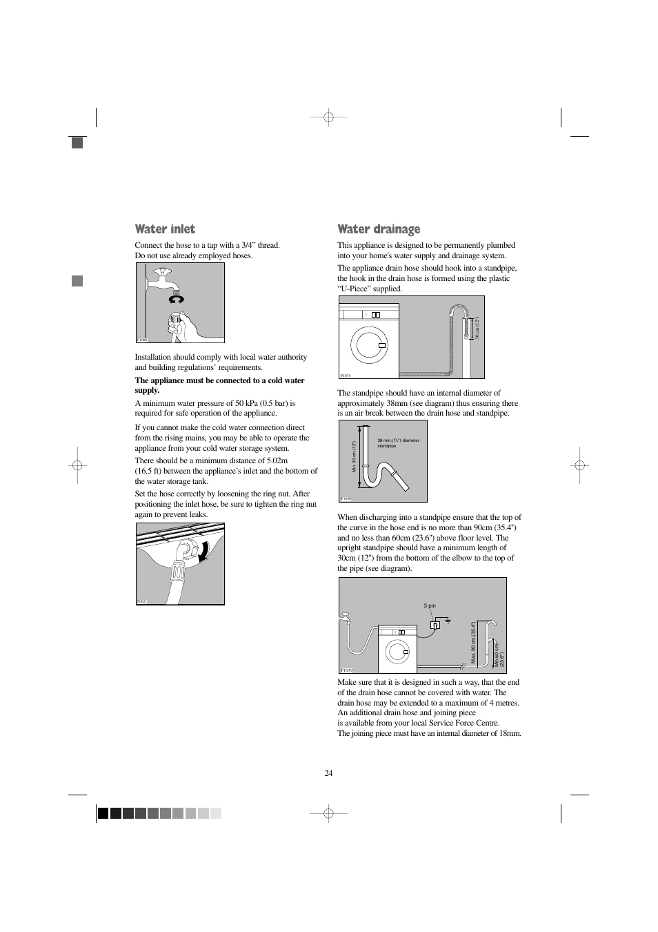 Water inlet, Water drainage | Electrolux FJD 1266 W User Manual | Page 24 / 27