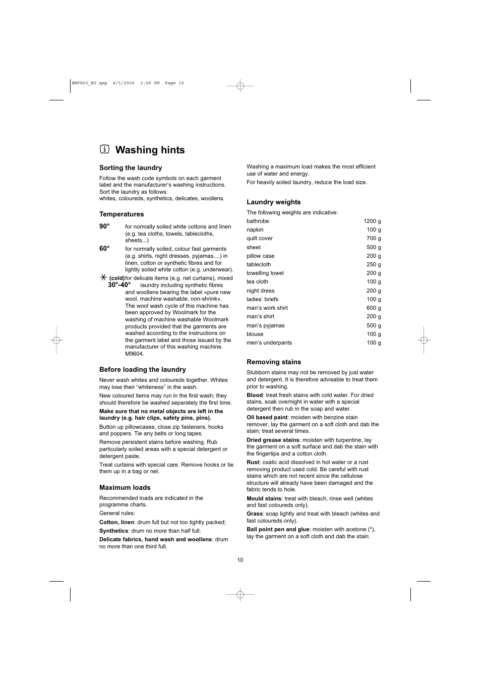 Washing hints | Electrolux EWF860 User Manual | Page 10 / 21