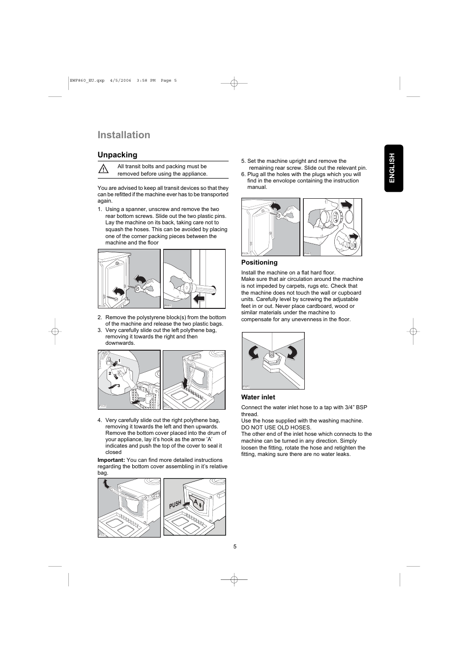 Installation, Unpacking | Electrolux EWF860 User Manual | Page 5 / 21