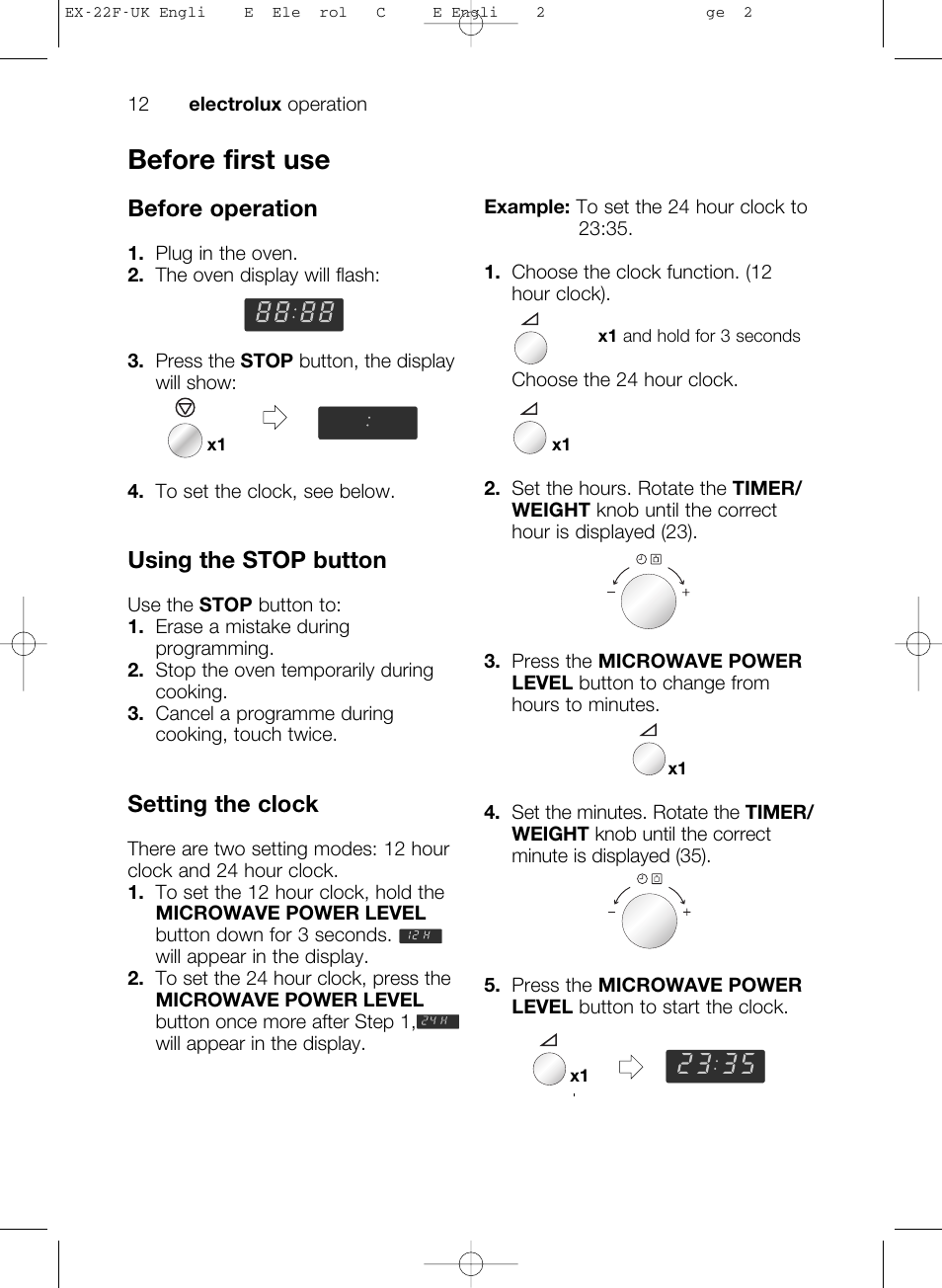 Before first use, Before operation, Using the stop button | Setting the clock | Electrolux EMS17206 User Manual | Page 12 / 44