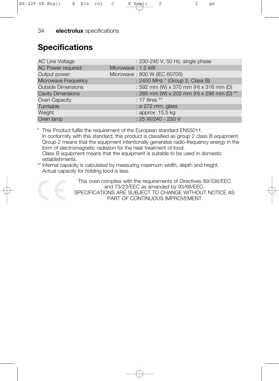 Specifications | Electrolux EMS17206 User Manual | Page 34 / 44