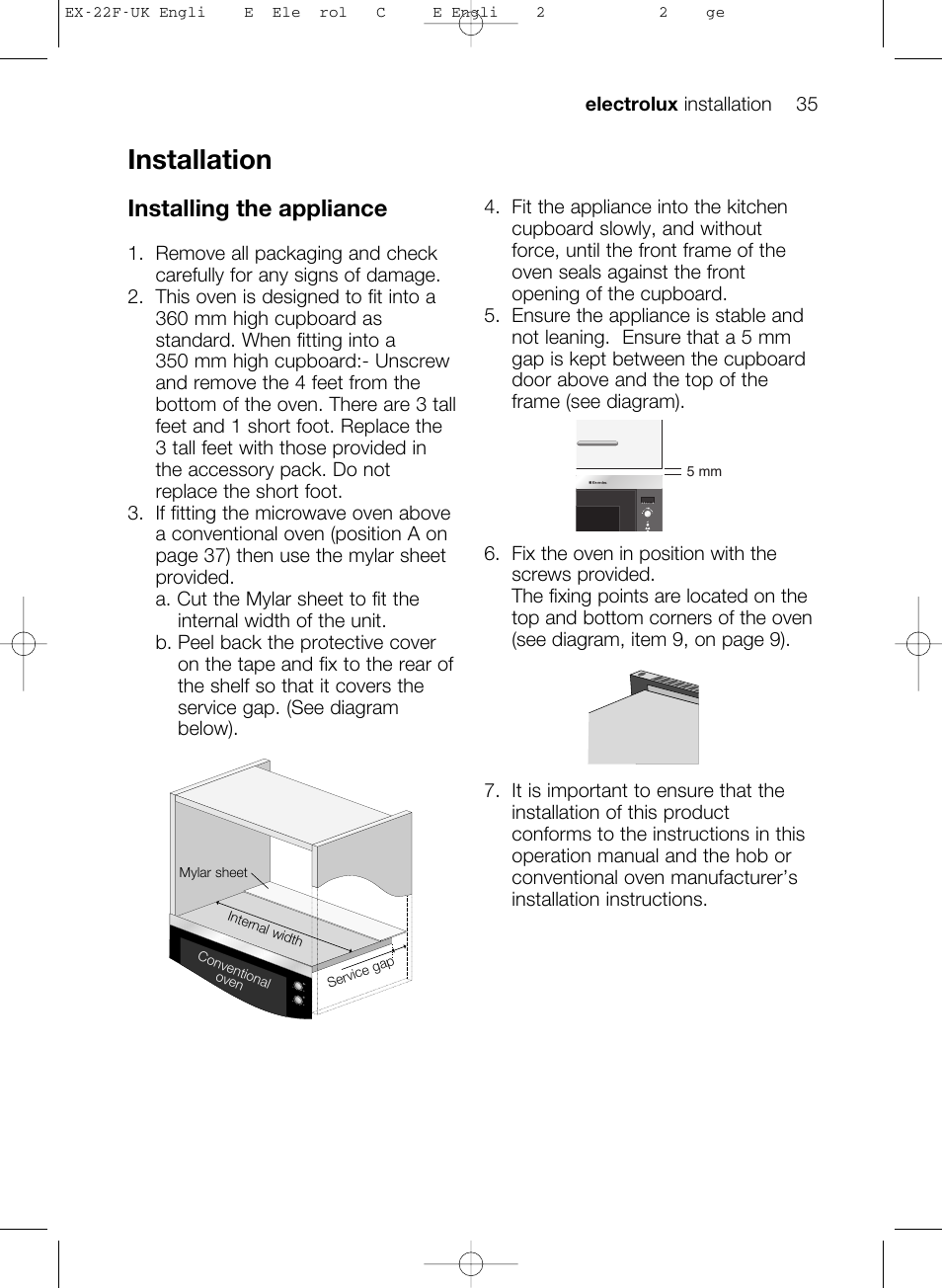 Installation, Installing the appliance | Electrolux EMS17206 User Manual | Page 35 / 44