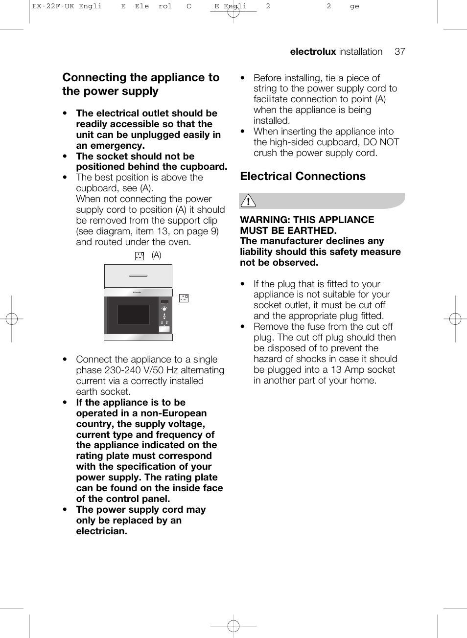 Connecting the appliance to the power supply, Electrical connections | Electrolux EMS17206 User Manual | Page 37 / 44