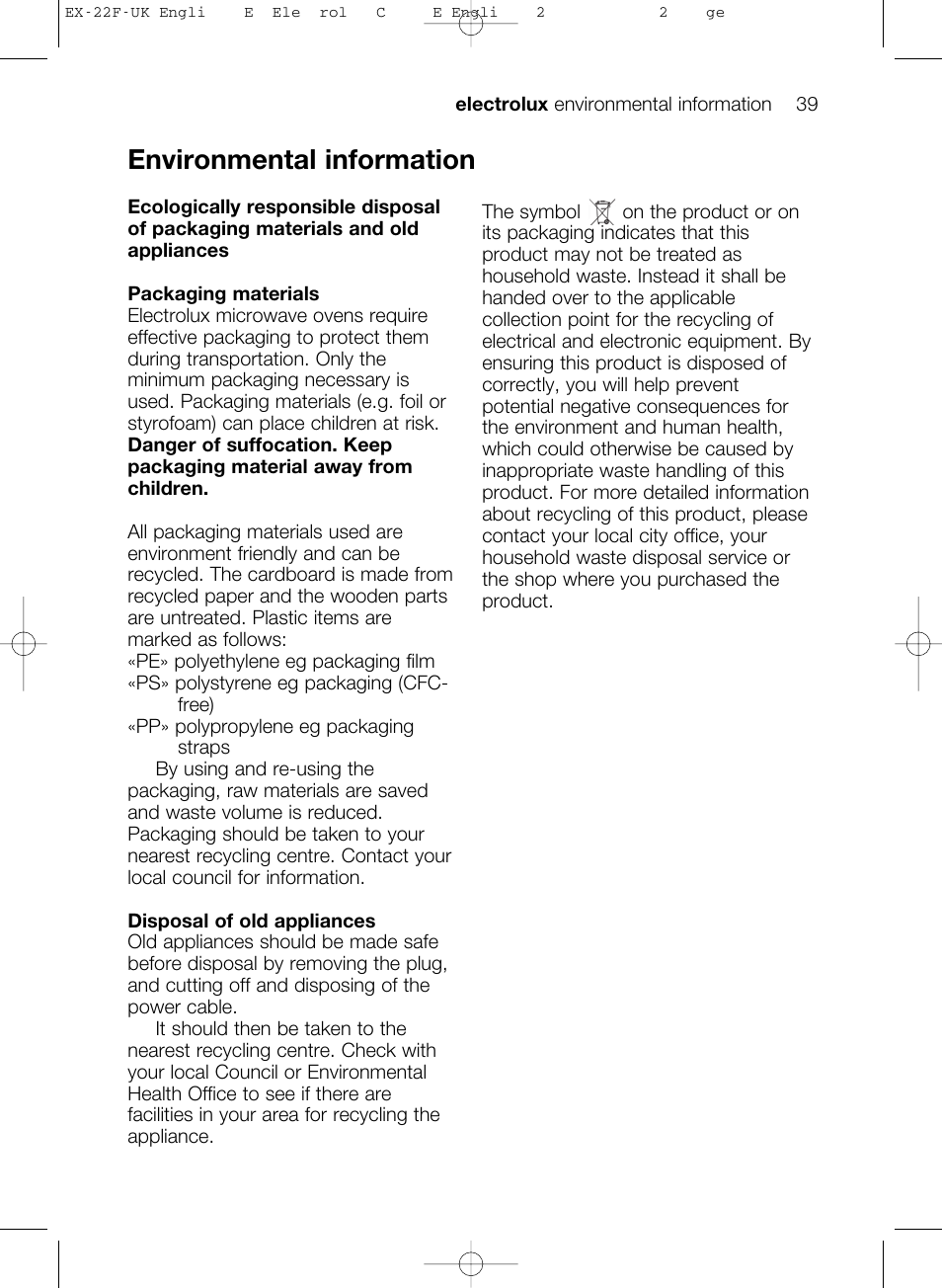 Environmental information | Electrolux EMS17206 User Manual | Page 39 / 44