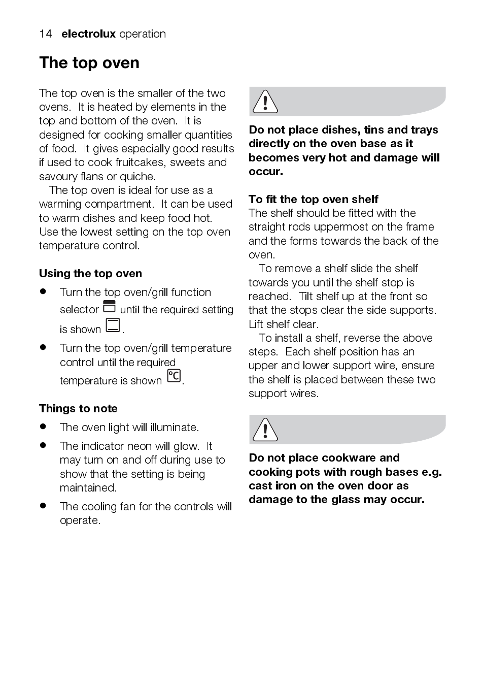 Electrolux, Using the top oven | Electrolux EOD43102 User Manual | Page 14 / 48