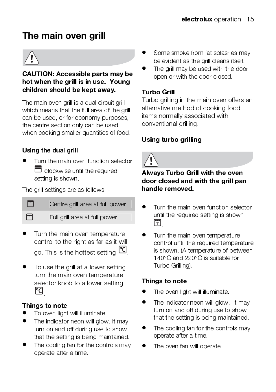 Electrolux, Turbo grill, Using turbo grilling | Electrolux EOD43102 User Manual | Page 15 / 48