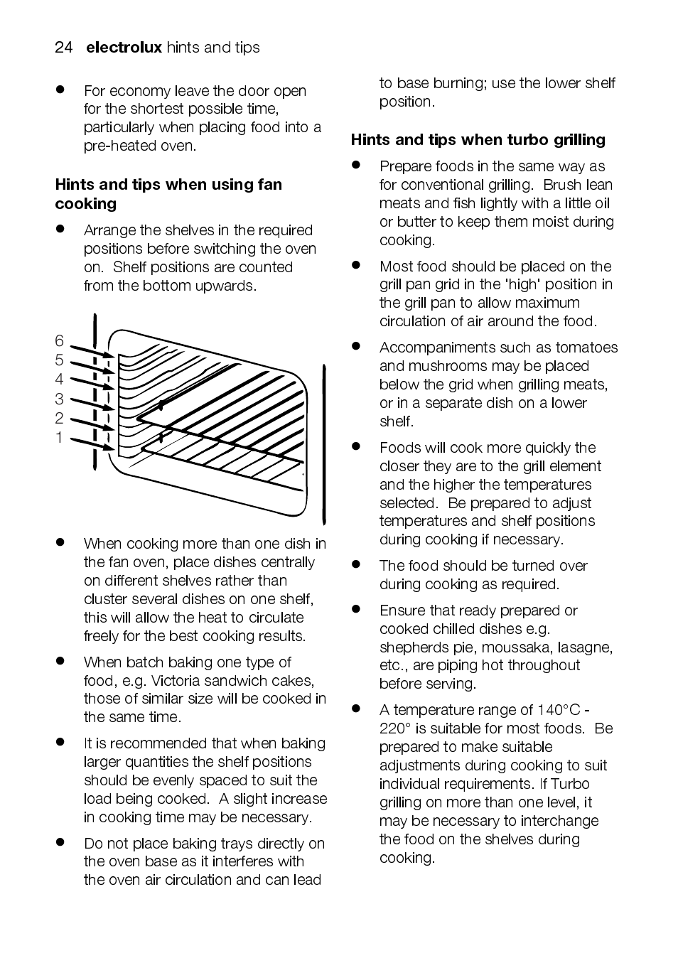 Electrolux, Hints and tips when using fan cooking, Hints and tips when turbo grilling | Electrolux EOD43102 User Manual | Page 24 / 48