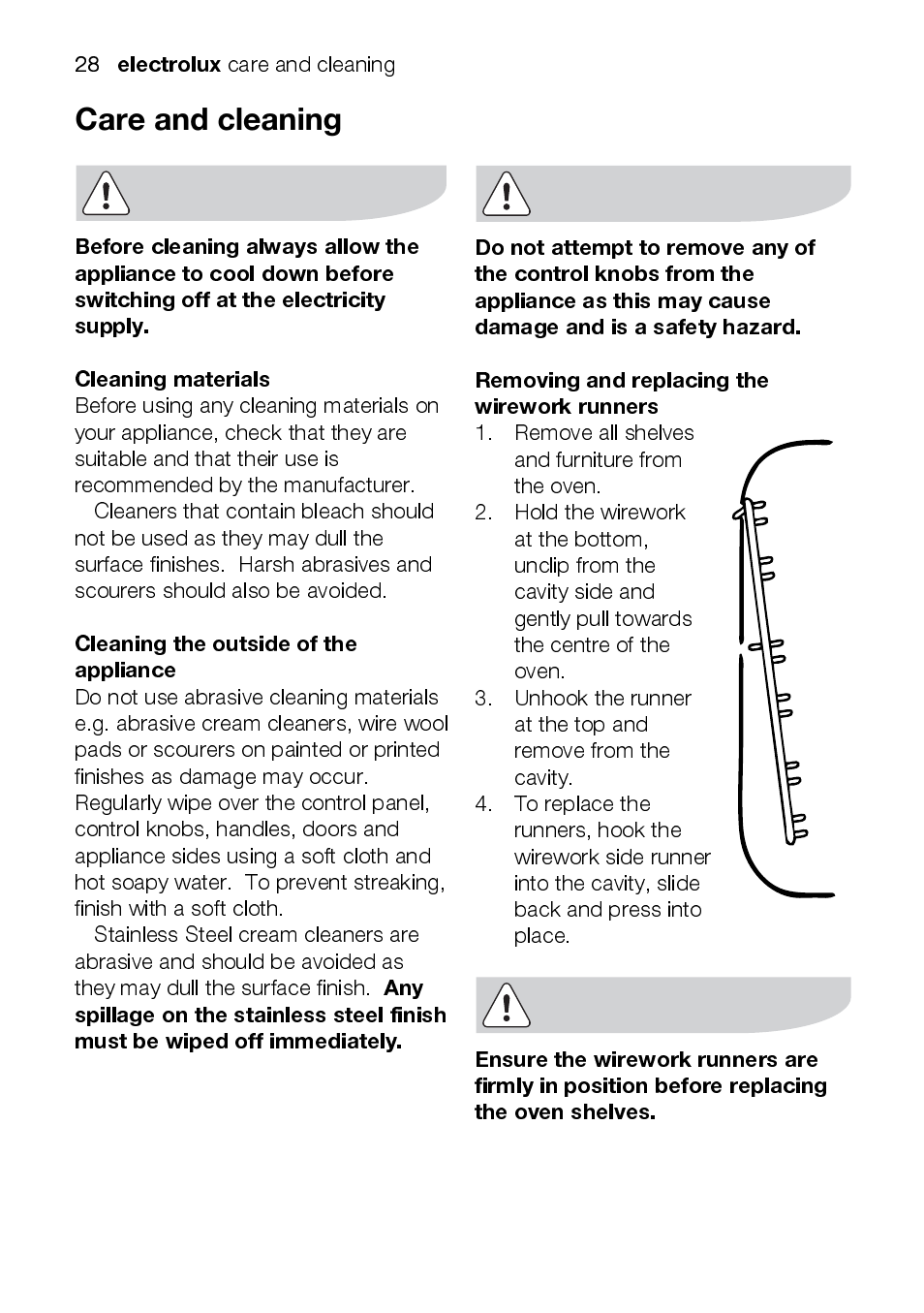 Electrolux, Cleaning materials, Cleaning the outside of the appliance | Removing and replacing the wirework runners | Electrolux EOD43102 User Manual | Page 28 / 48