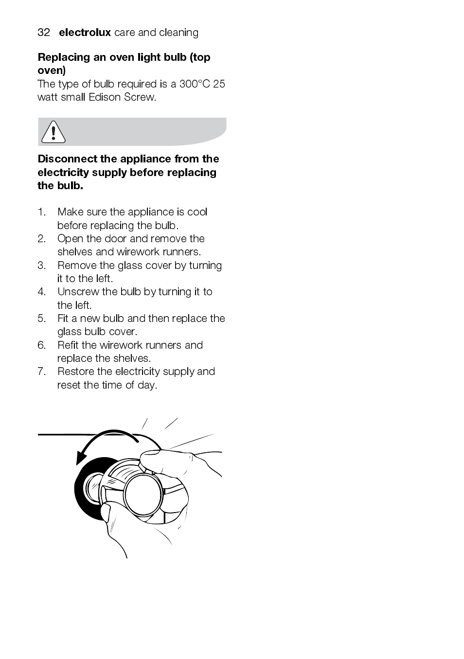 Electrolux, Replacing an oven light bulb (top oven) | Electrolux EOD43102 User Manual | Page 32 / 48