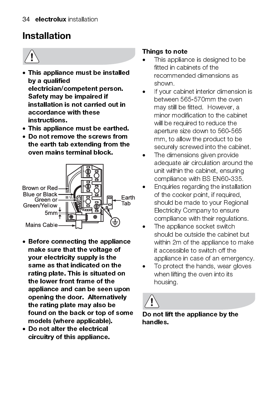 Electrolux, This appliance must be earthed, Do not lift the appliance by the handles | Electrolux EOD43102 User Manual | Page 34 / 48