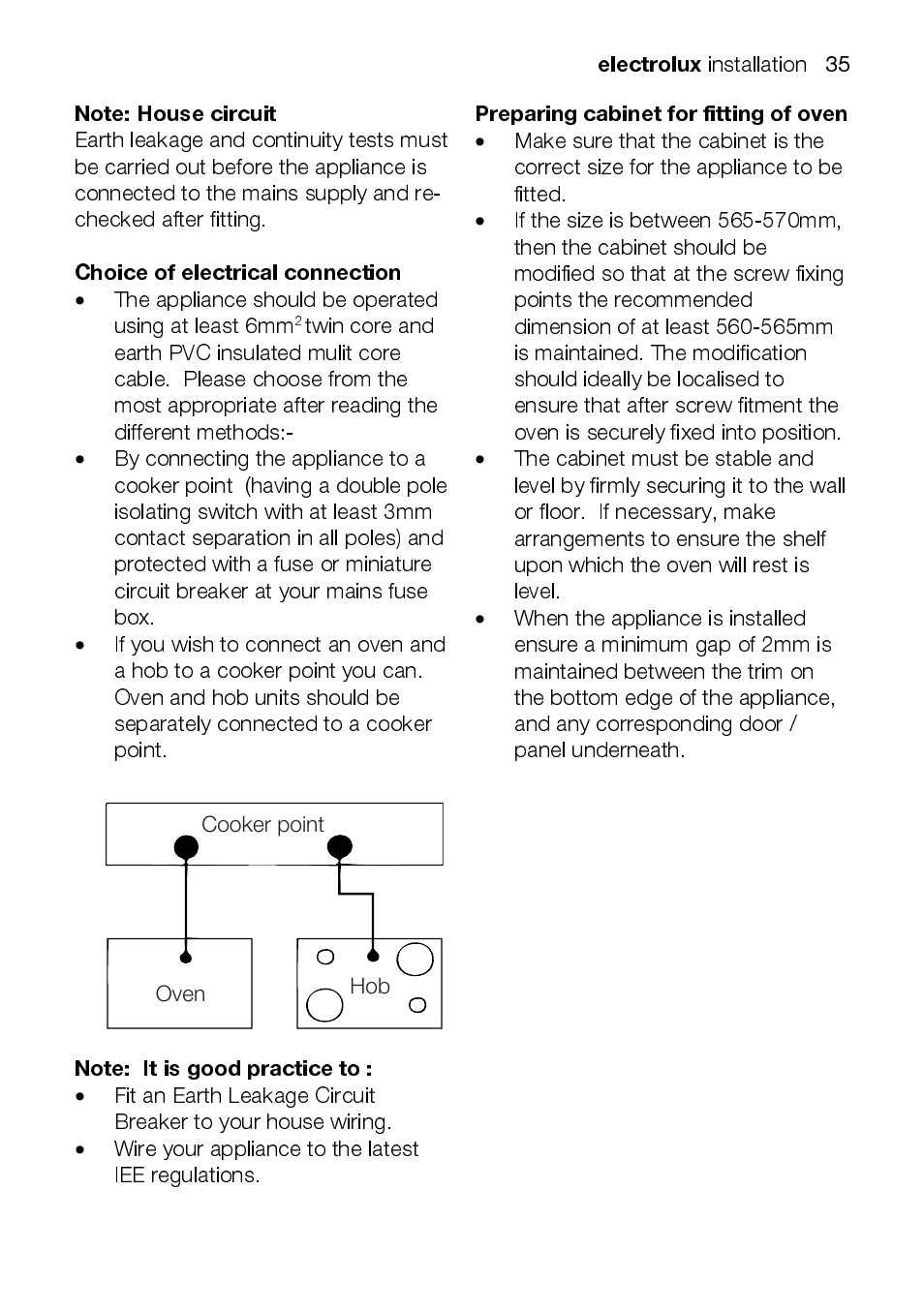 Electrolux, Choice of electrical connection, Preparing cabinet for fitting of oven | Electrolux EOD43102 User Manual | Page 35 / 48