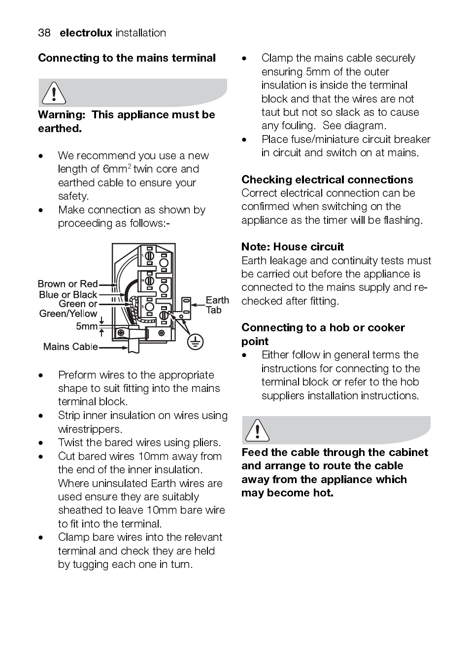 Electrolux, Checking electrical connections, Connecting to a hob or cooker point | Electrolux EOD43102 User Manual | Page 38 / 48