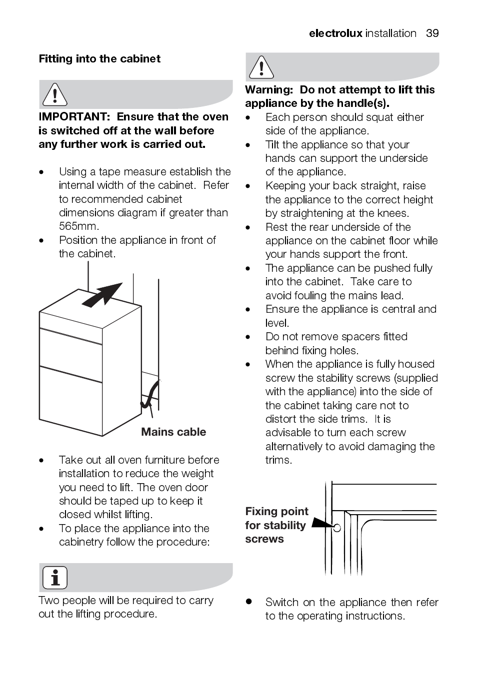 Electrolux, Fitting into the cabinet | Electrolux EOD43102 User Manual | Page 39 / 48