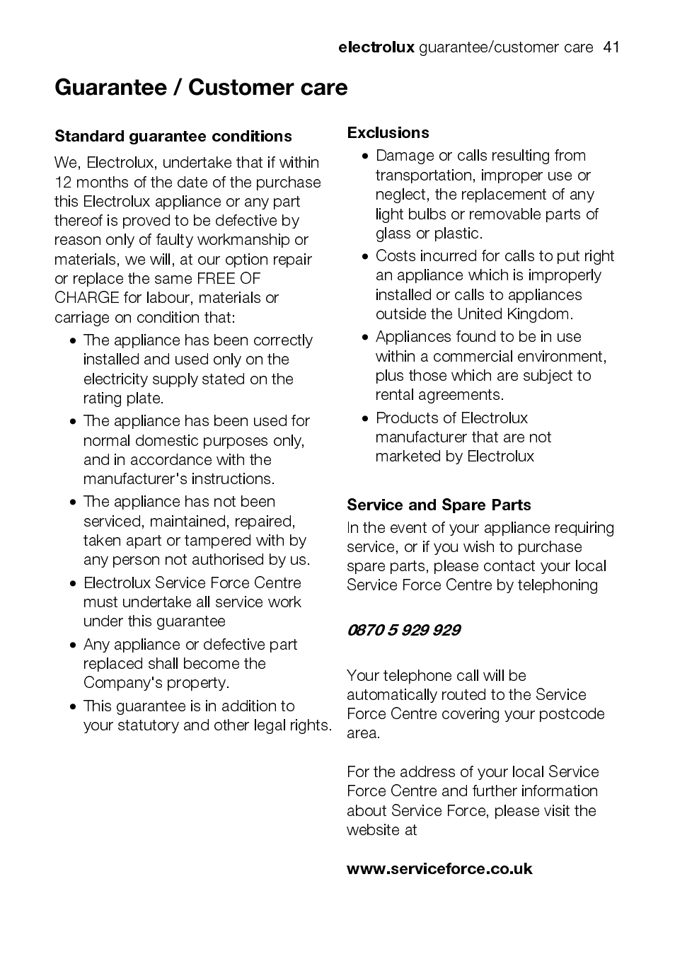 Electrolux, Standard guarantee conditions, Exclusions | Service and spare parts | Electrolux EOD43102 User Manual | Page 41 / 48