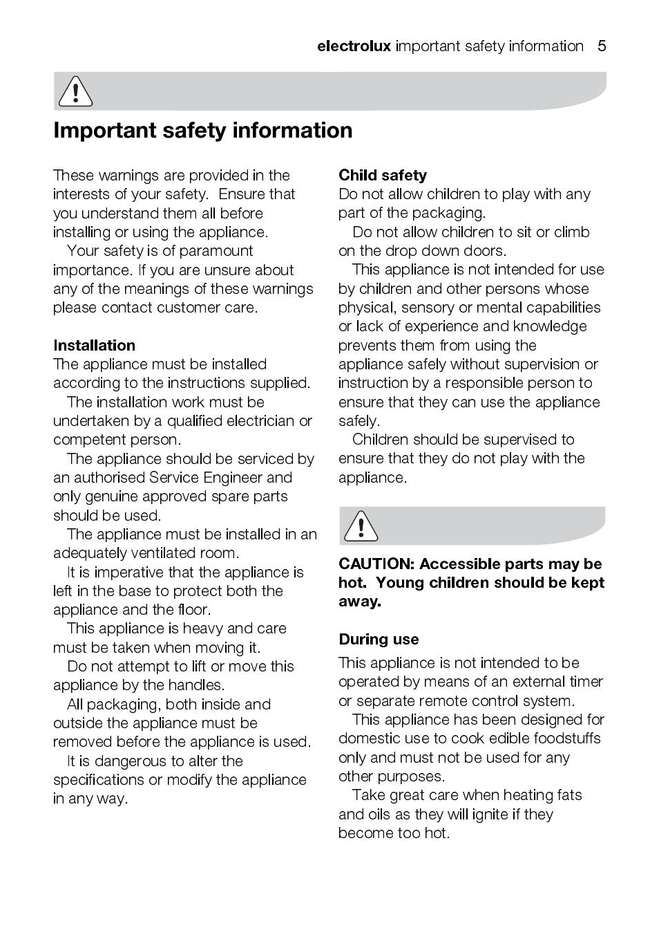 Electrolux, Installation, Child safety | During use | Electrolux EOD43102 User Manual | Page 5 / 48