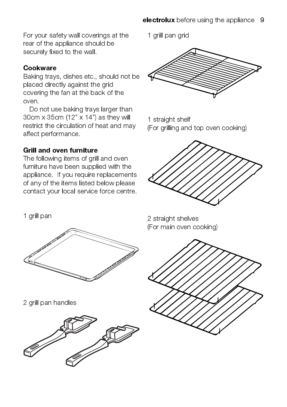 Electrolux, Cookware, Grill and oven furniture | Electrolux EOD43102 User Manual | Page 9 / 48