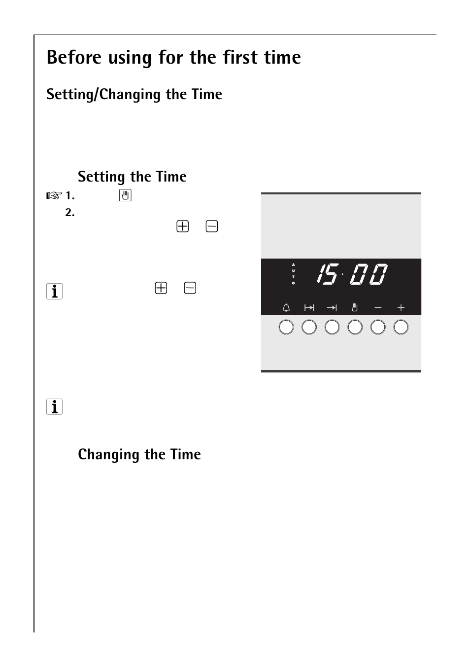 Before using for the first time, Setting/changing the time, Setting the time | Changing the time | Electrolux B 2190 User Manual | Page 12 / 56