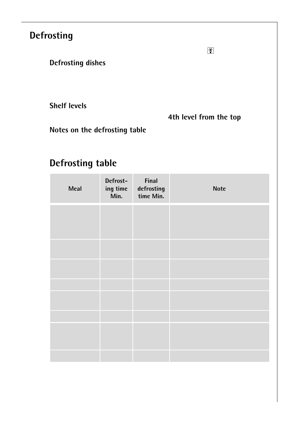 Defrosting, Defrosting table | Electrolux B 2190 User Manual | Page 33 / 56