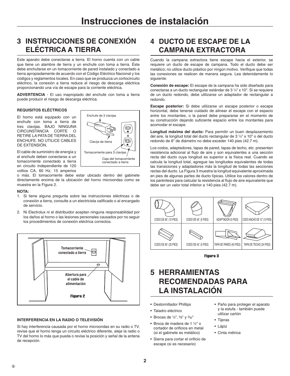 Instrucciones de instalación, 5 herramientas recomendadas para la instalación, 3 instrucciones de conexión eléctrica a tierra | 4 ducto de escape de la campana extractora | Electrolux TINSEB484MRR0 User Manual | Page 10 / 24