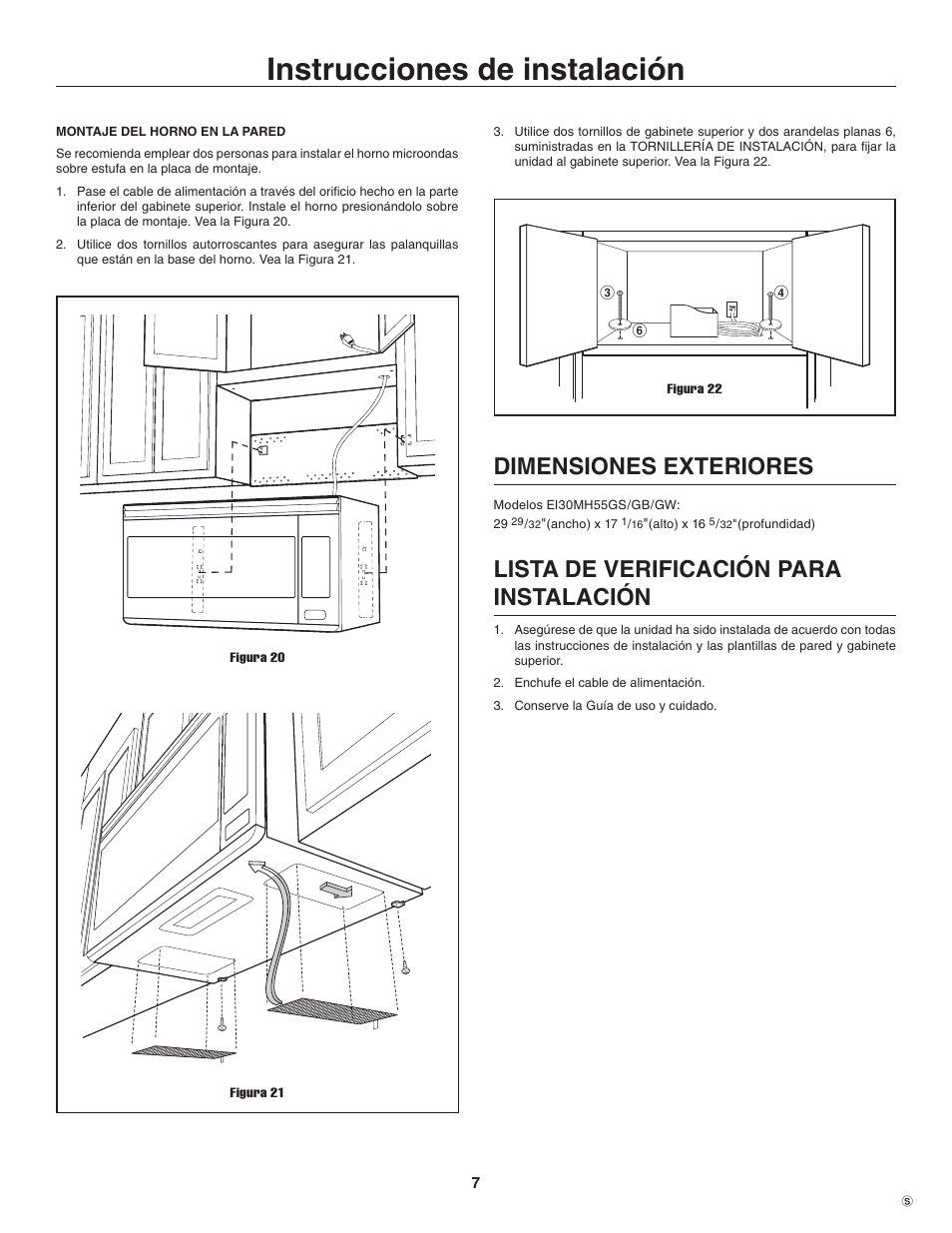 Instrucciones de instalación, Dimensiones exteriores, Lista de verificación para instalación | Electrolux TINSEB484MRR0 User Manual | Page 15 / 24