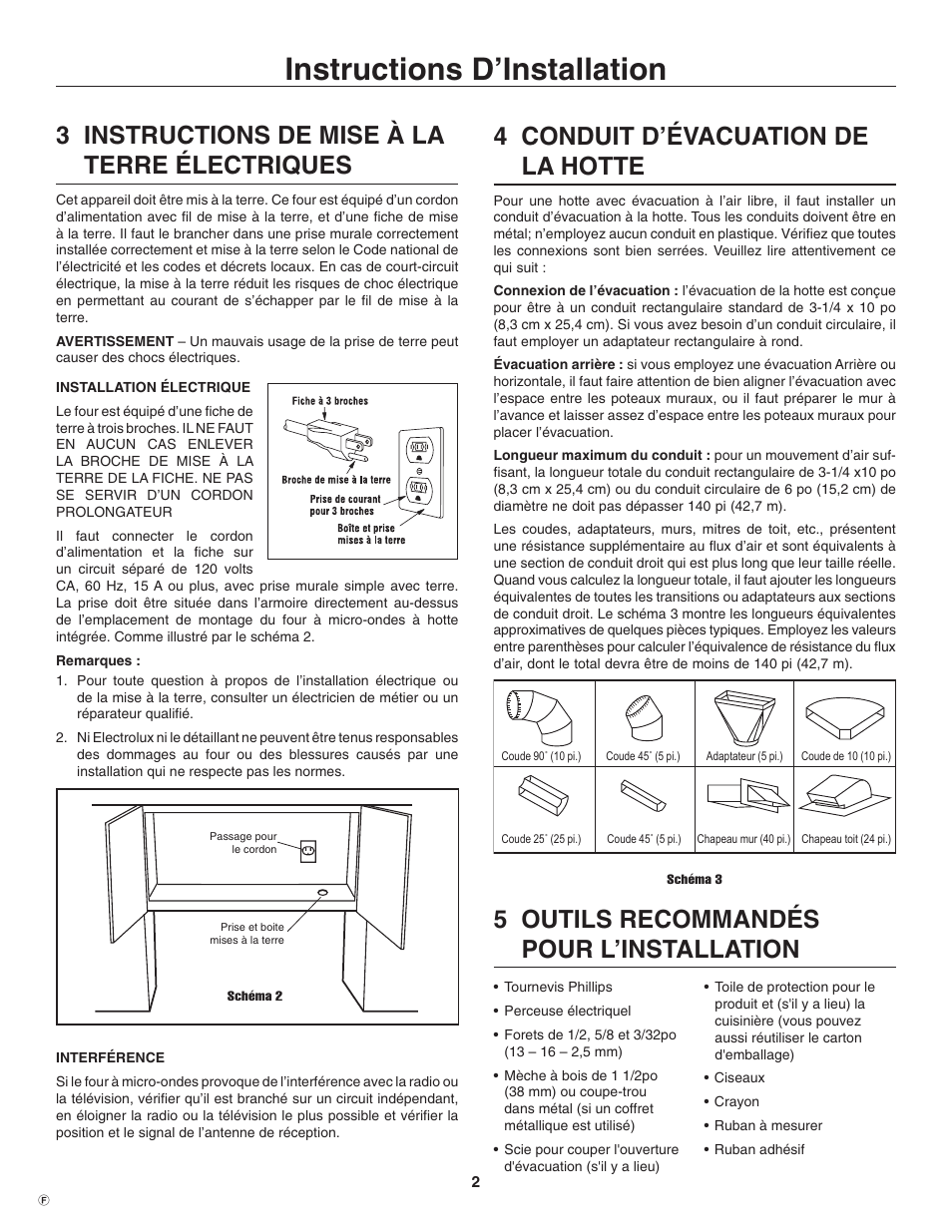 Instructions d’installation, 3 instructions de mise à la terre électriques, 4 conduit d’évacuation de la hotte | 5 outils recommandés pour l’installation | Electrolux TINSEB484MRR0 User Manual | Page 18 / 24