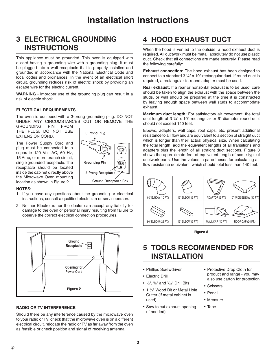 Installation instructions, 3 electrical grounding instructions, 4 hood exhaust duct | 5 tools recommended for installation | Electrolux TINSEB484MRR0 User Manual | Page 2 / 24