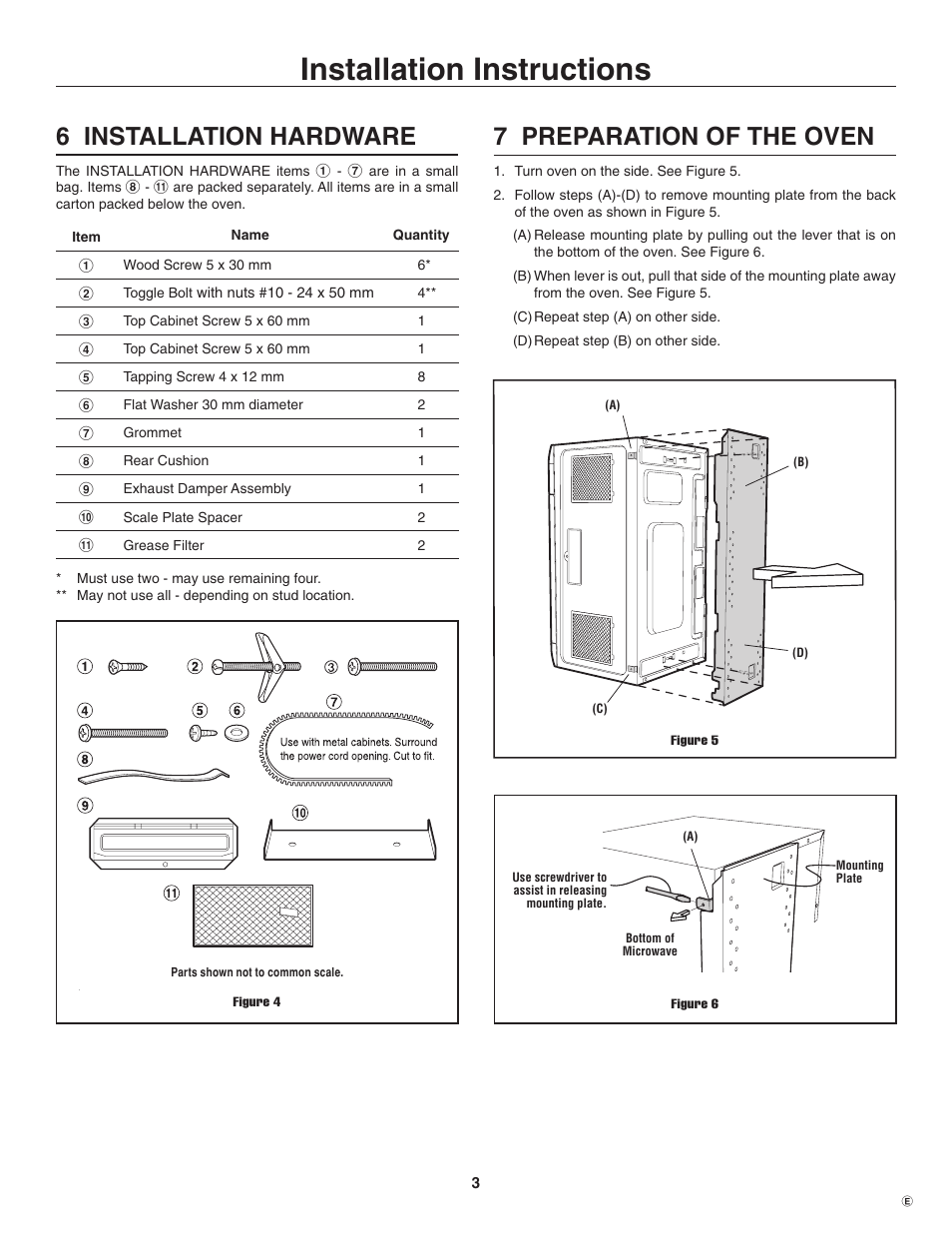 Installation instructions, 6 installation hardware, 7 preparation of the oven | Electrolux TINSEB484MRR0 User Manual | Page 3 / 24
